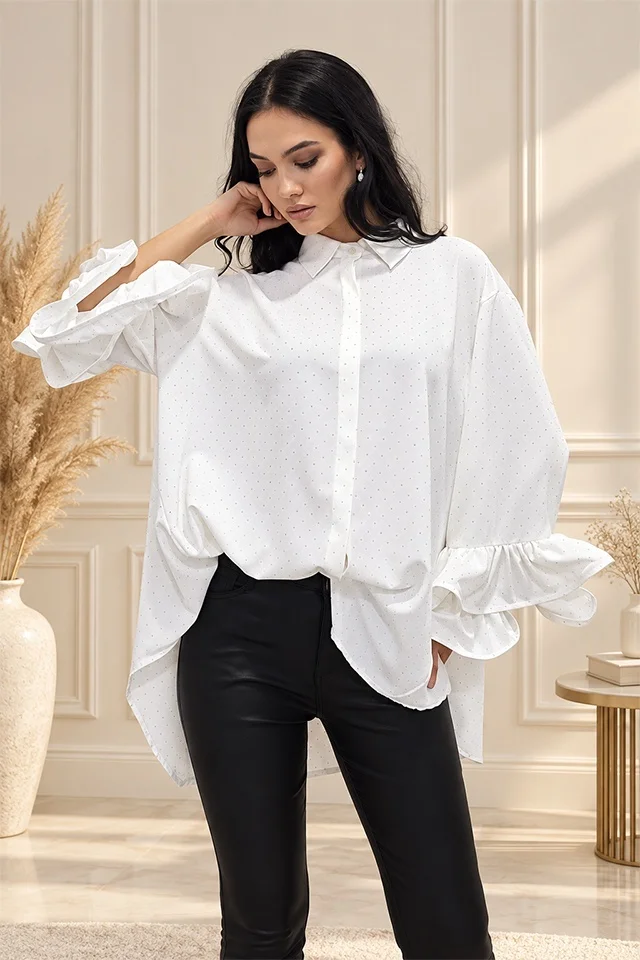 Camasa cu volane si cristale Sugar BLINK, lungime asimetrica, Alb, Marime S/M/L