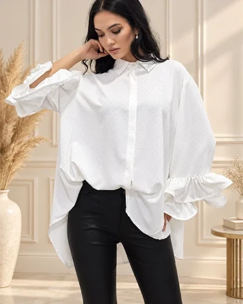 Camasa cu volane si cristale Sugar BLINK, lungime asimetrica, Alb, Marime S/M/L