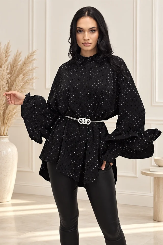 Camasa cu volane si cristale Sugar BLINK, lungime asimetrica, Negru, Marime S/M/L