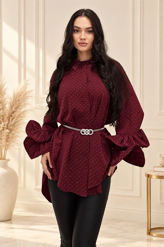 Camasa cu volane si cristale Sugar BLINK, lungime asimetrica, Visiniu, Marime S/M/L