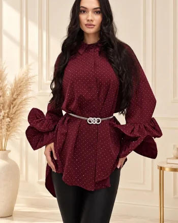 Camasa cu volane si cristale Sugar BLINK, lungime asimetrica, Visiniu, Marime S/M/L