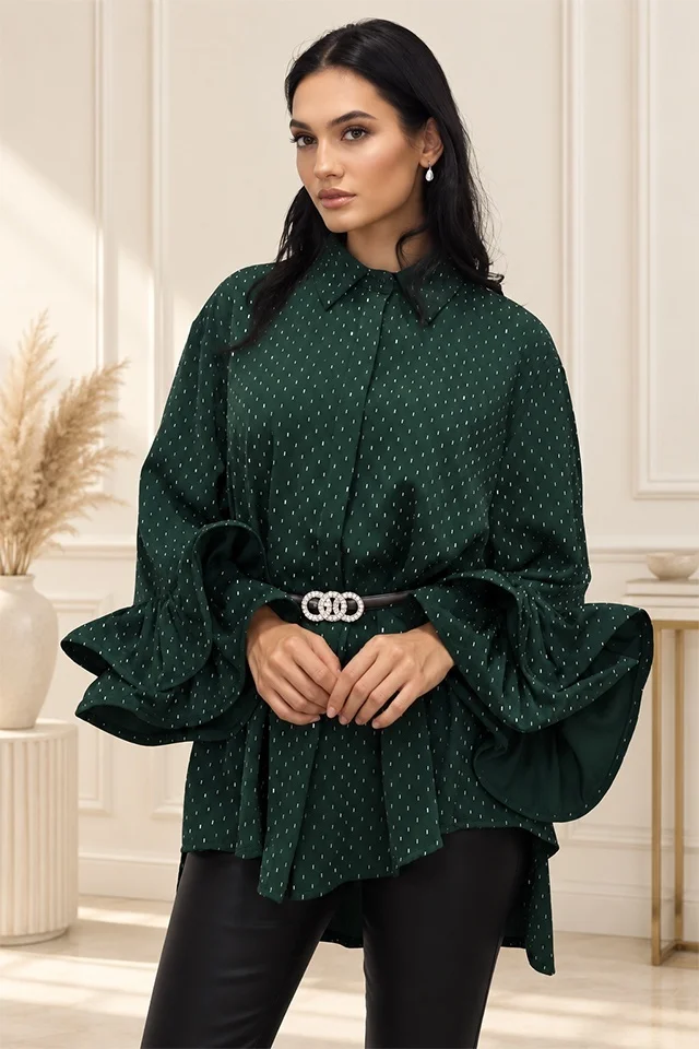 Camasa cu volane si cristale Sugar BLINK, lungime asimetrica, Verde Smarald, Marime S/M/L