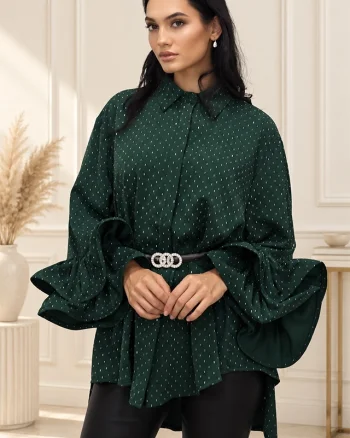 Camasa cu volane si cristale Sugar BLINK, lungime asimetrica, Verde Smarald, Marime S/M/L