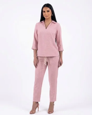 Pantaloni casual roz pudra din vascoza cu buzunare laterale si snur reglabil