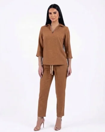 Pantaloni casual roz pudra din vascoza cu buzunare laterale si snur reglabil