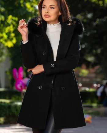 Palton elegant Lyudmila negru din stofa cu gluga si blanita detasabila