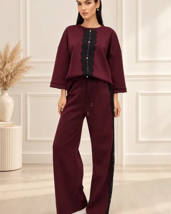 Compleu casual Alberta, cu insertii din dantela si perle, Visiniu, Marime OneSize