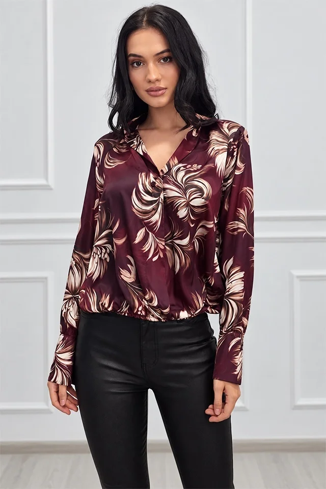 Cămașă casual ANELIS, cu efect petrecut și croială asimetrică, Burgundy, Marime S/M