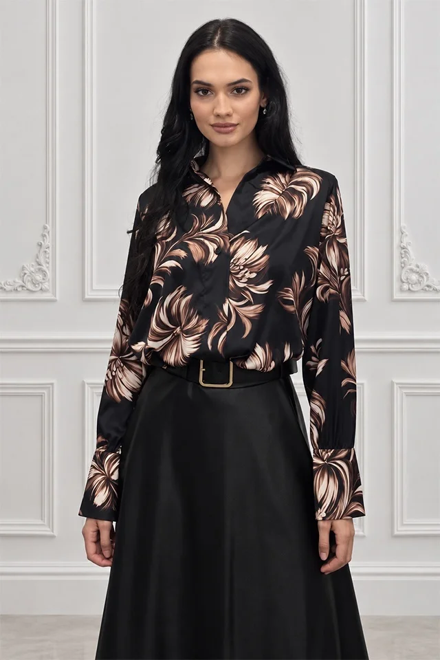 Cămașă casual ANELIS, cu efect petrecut și croială asimetrică, Negru, Marime S/M