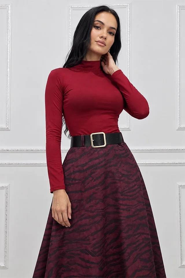 Fusta midi Chantaly, cu aspect catifelat si curea neagra, Burgundy Zebra, Marime S/M