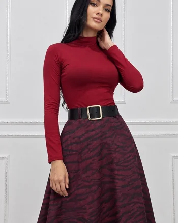 Fusta midi Chantaly, cu aspect catifelat si curea neagra, Burgundy Zebra, Marime S/M