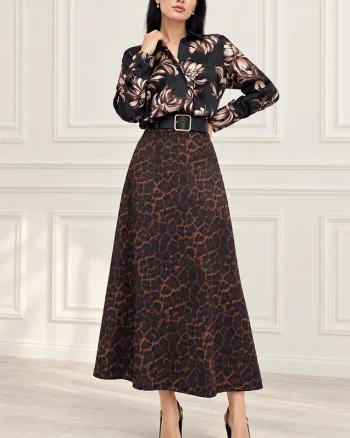 Fusta midi Chantaly, cu aspect catifelat si curea neagra, Maro Leopard, Marime S/M
