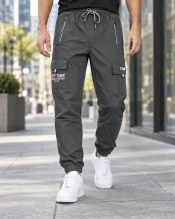 Pantaloni Fas Barbati Cargo, Material Subtire si Usor, Buzunare cu Fermoar, Talie Elastica, Gri Inchis 8301