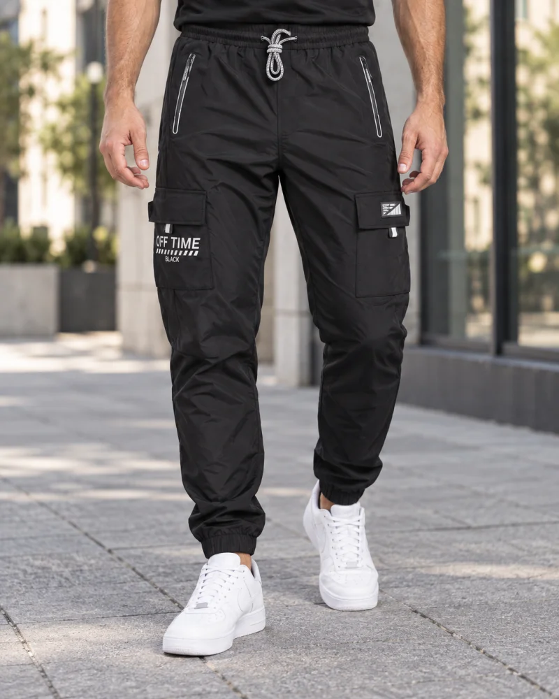 Pantaloni Fas Barbati Cargo, Material Subtire si Usor, Buzunare cu Fermoar, Talie Elastica, negru 8301