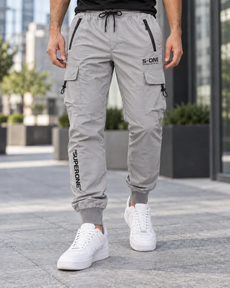 Pantaloni Fas Barbati Cargo, Material Subtire si Usor, Buzunare cu Fermoar, Talie Elastica, gri 8255