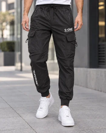 Pantaloni Fas Barbati Cargo, Material Subtire si Usor, Buzunare cu Fermoar, Talie Elastica, negru 8255