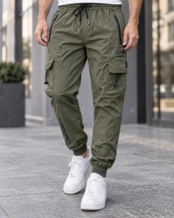 Pantaloni Fas Barbati Cargo, Material Subtire si Usor, Buzunare cu Fermoar, Talie Elastica, kaki 8255