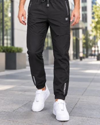 Pantaloni Fas Barbati Jogger, Material Subtire, Buzunare cu Fermoar, Talie Elastica, negru 8303