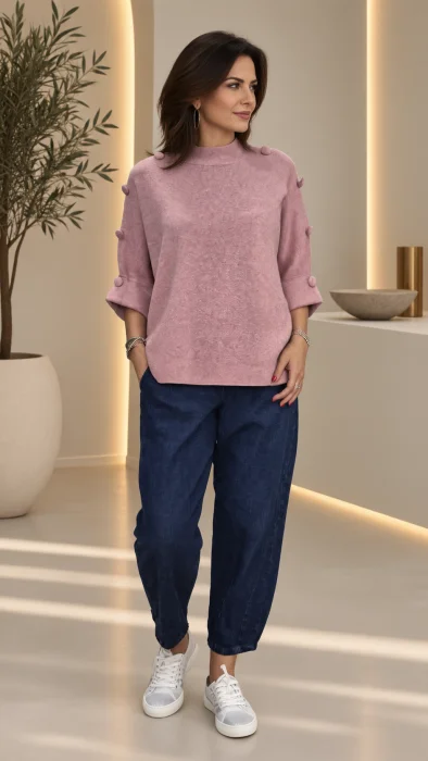 Pulover versatil cu maneca fluture si nasturi decorativi, roz prafuit