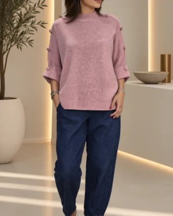 Pulover versatil cu maneca fluture si nasturi decorativi, roz prafuit