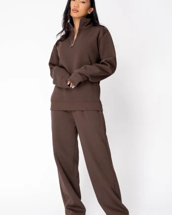 Set bluza cu fermoar scurt si pantalon Brown