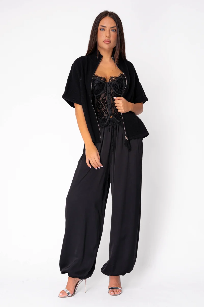 Pulover  cu maneca scurta si fermoar din 100% Lana, Black