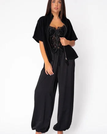 Pulover  cu maneca scurta si fermoar din 100% Lana, Black