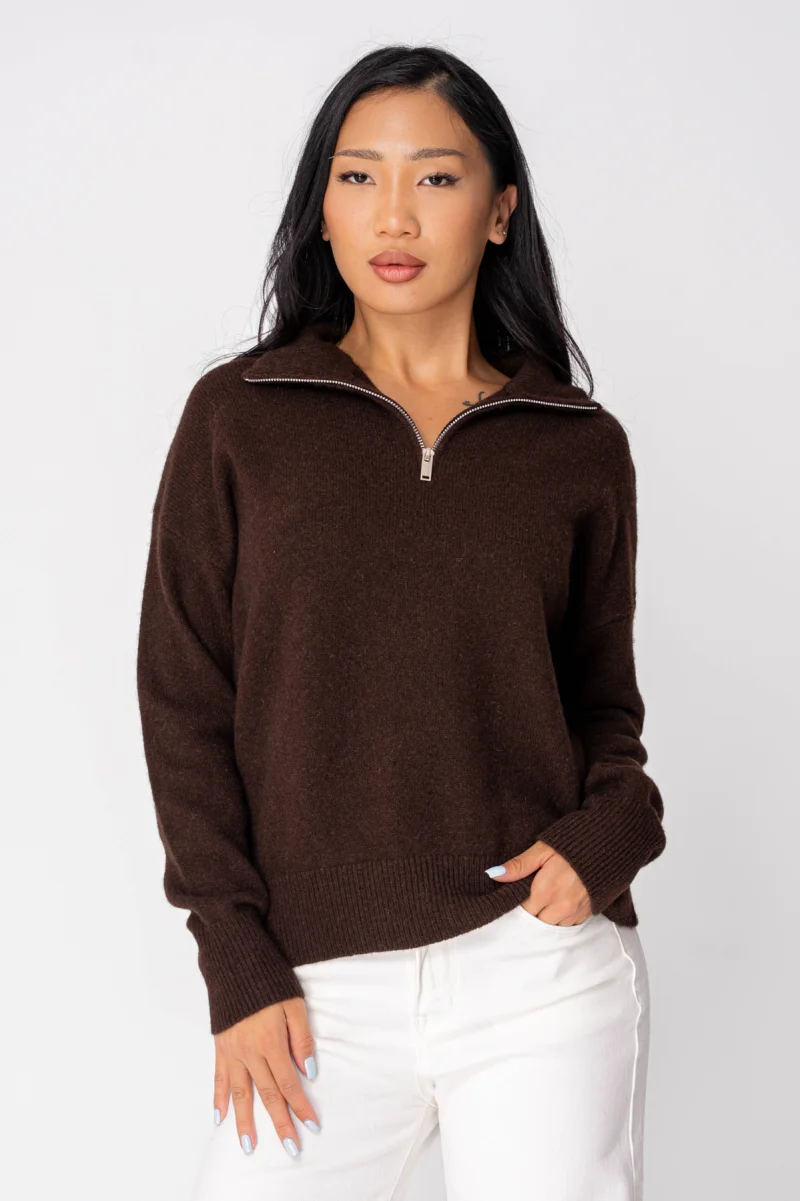 Pulover cu fermoar scurt din 100% Lana de Yak, Brown