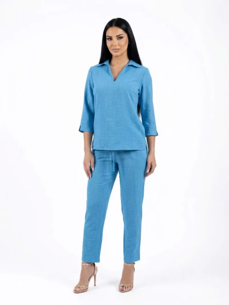 Pantaloni casual albastru din vascoza cu buzunare laterale si snur reglabil