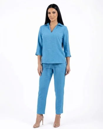 Pantaloni casual albastru din vascoza cu buzunare laterale si snur reglabil