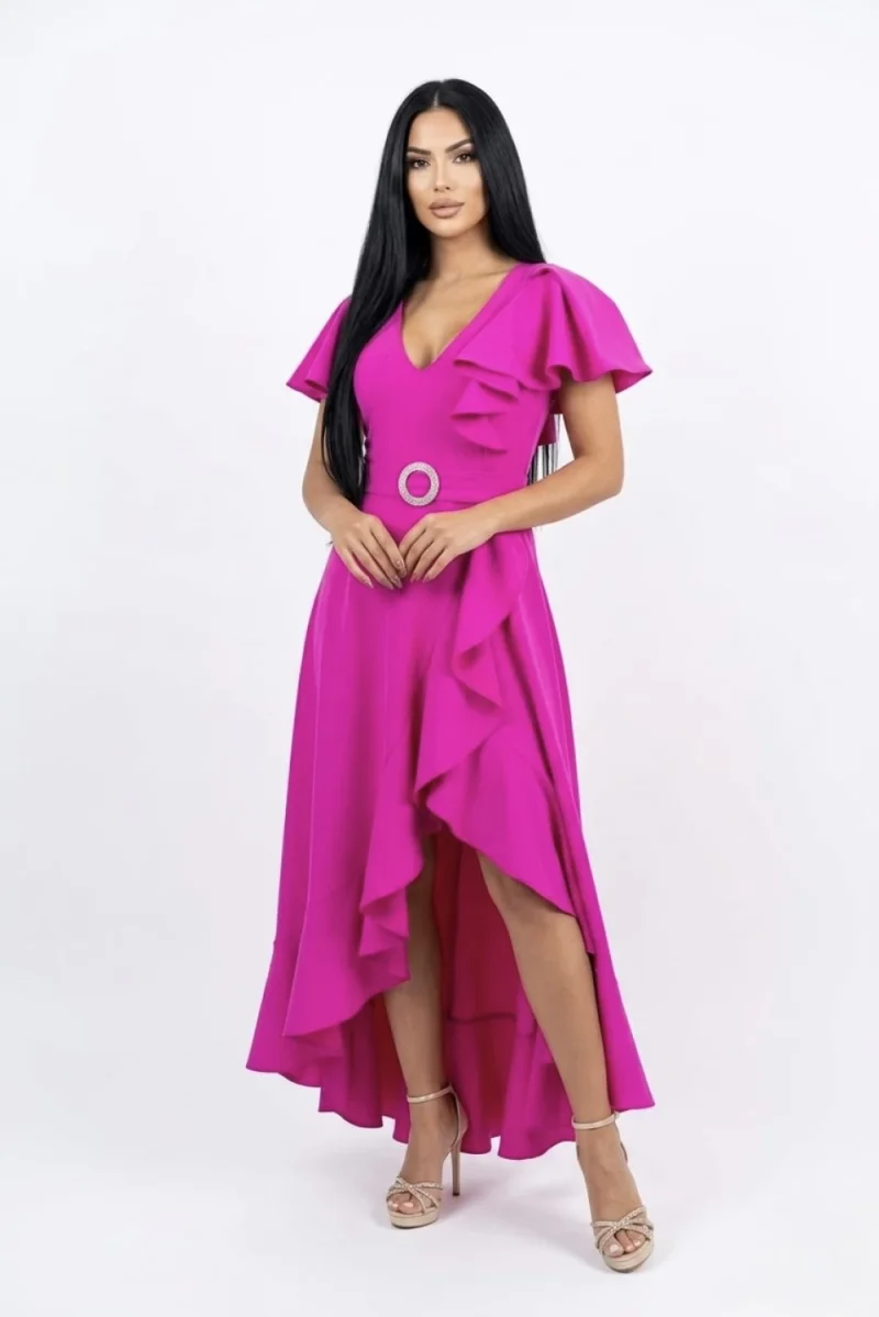 Rochie eleganta fucsia asimetrica cu volane si cordon detasabil