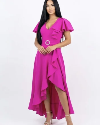 Rochie eleganta fucsia asimetrica cu volane si cordon detasabil