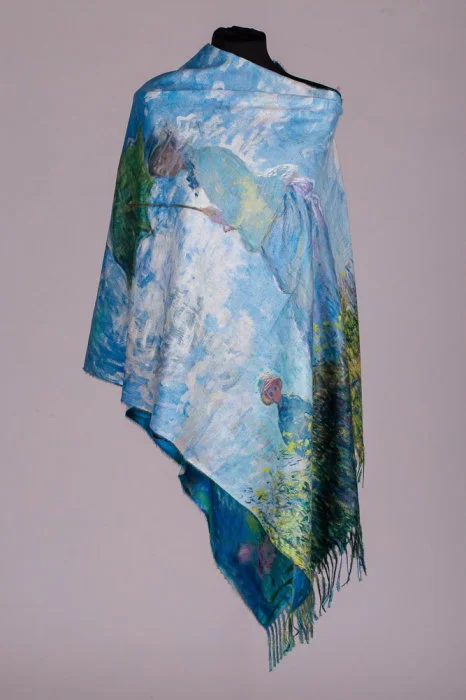Esarfa cashmere cu doua fete imprimata cu model inspirat dupa   Fata cu umbrela   a lui Claude Monet