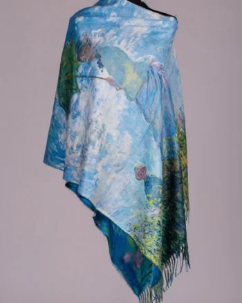Esarfa cashmere cu doua fete imprimata cu model inspirat dupa   Fata cu umbrela   a lui Claude Monet