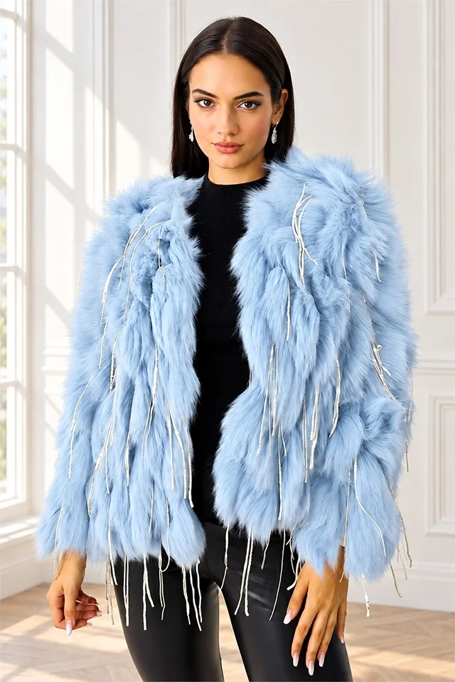 Haina eleganta Aylin, din blana naturala de vulpe, cu paiete asimetrice, Baby Blue, Marime S/M/L