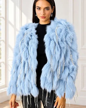 Haina eleganta Aylin, din blana naturala de vulpe, cu paiete asimetrice, Baby Blue, Marime S/M/L