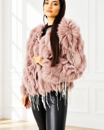 Haina eleganta Aylin, din blana naturala de vulpe, cu paiete asimetrice, Roz, Marime S/M/L