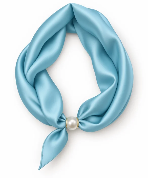 Esarfa colier satinata cu perla decorativa si inchidere magnetica, albastru aqua