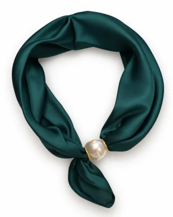 Esarfa colier satinata cu perla decorativa si inchidere magnetica, verde inchis