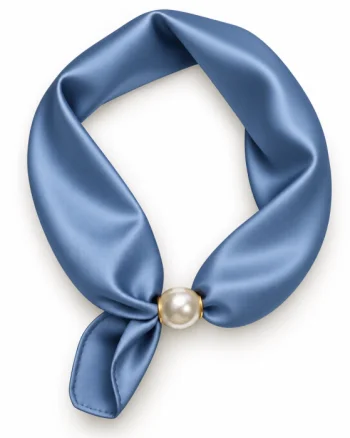Esarfa colier satinata cu perla decorativa si inchidere magnetica, albastru jeans