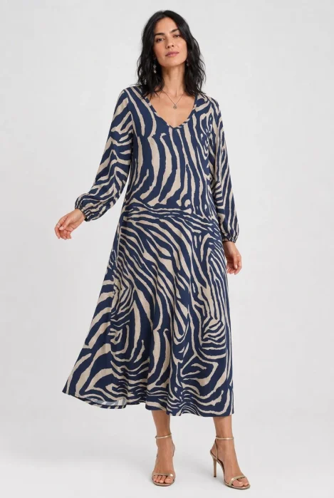 Rochie maxi din vascoza mata cu imprimeu zebra, albastru-bej