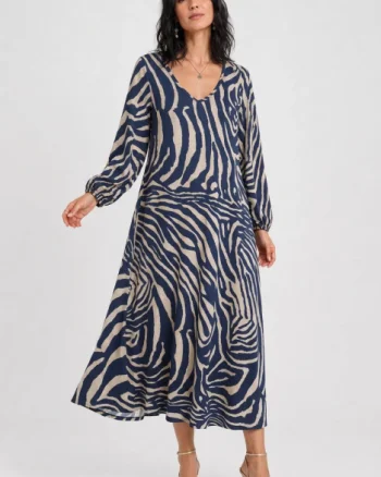 Rochie maxi din vascoza mata cu imprimeu zebra, albastru-bej