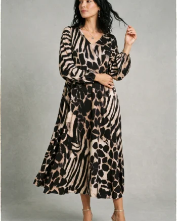 Rochie maxi din vascoza mata cu imprimeu animal print mixt, negru maro