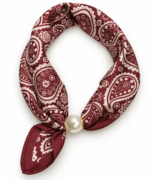 Esarfa colier satinata cu perla decorativa si inchidere magnetica, imprimeu paisley alb cu bordo