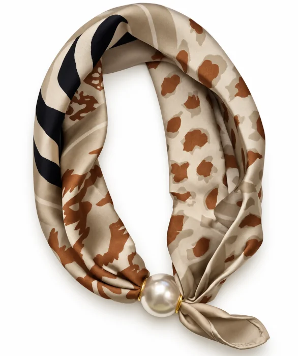 Esarfa colier satinata cu perla decorativa si inchidere magnetica, imprimeu animal print in nuante calde