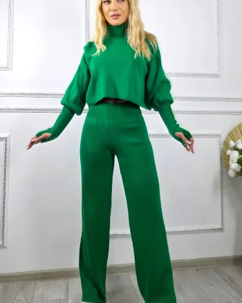 Compleu casual COMFY, bluza cu mansete supradimensionate si pantaloni tricot, Verde, Marime S/M/L