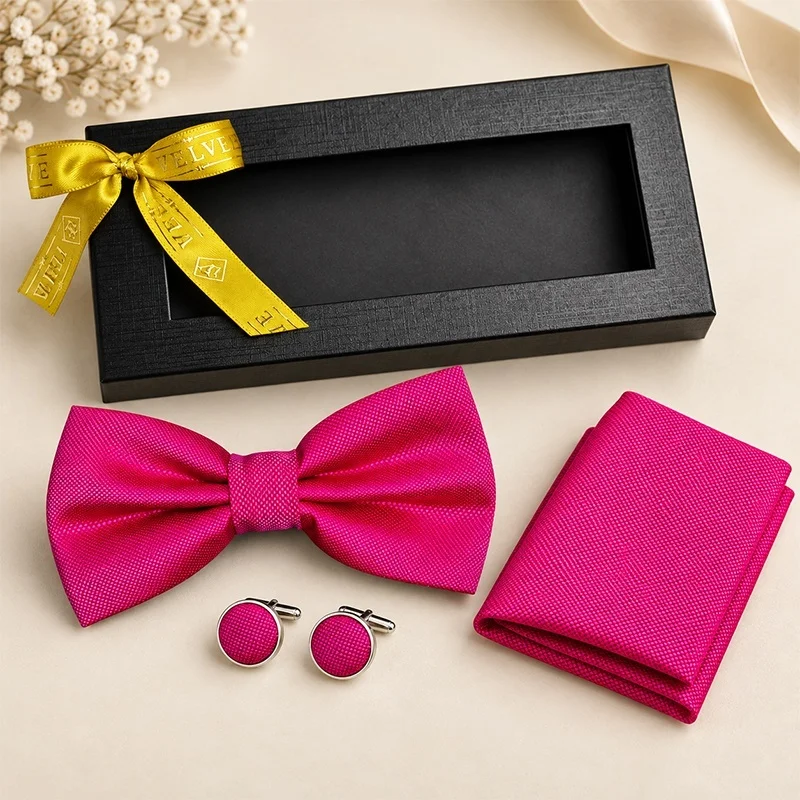 Set 3 piese Elegant pentru barbati, papion, batista si butoni, Fucsia