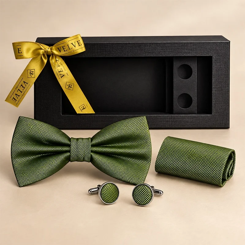 Set 3 piese Elegant pentru barbati, papion, batista si butoni, Verde olive