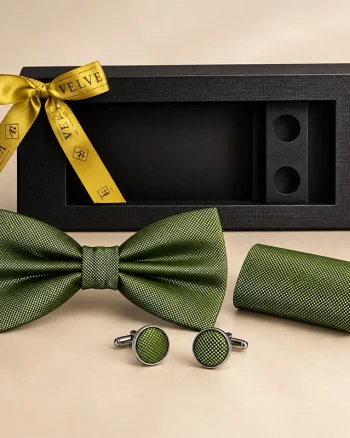 Set 3 piese Elegant pentru barbati, papion, batista si butoni, Verde olive