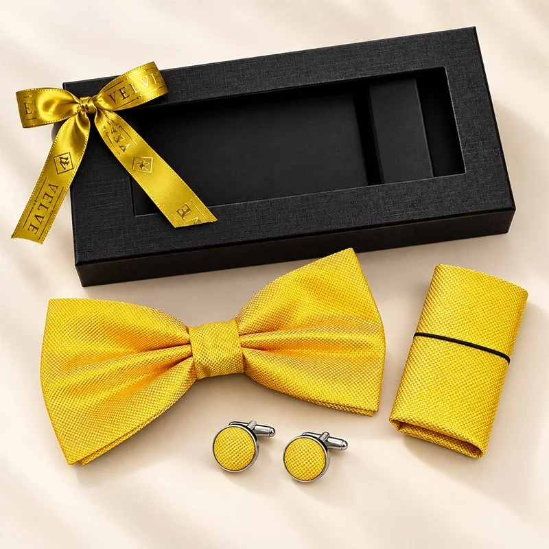 Set 3 piese Elegant pentru barbati, papion, batista si butoni, Galben